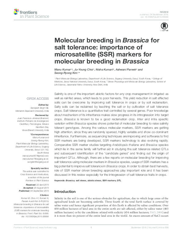 (PDF) Molecular Breeding in Brassica for salt tolerance: Importance of ...