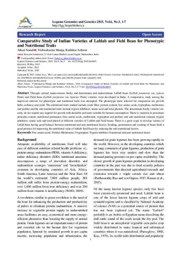 (PDF) Comparative Study of Indian Varieties of Lablab and Field Bean ...