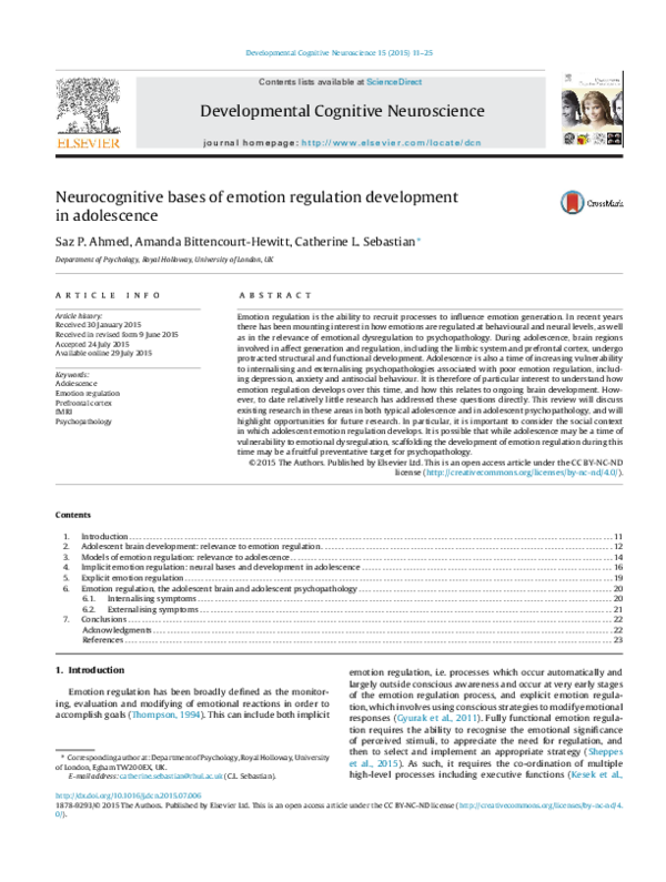 (PDF) Neurocognitive bases of emotion regulation development in adolescence