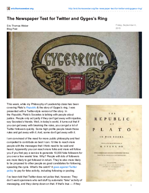 (PDF) The Newspaper Test for Twitter and Gyges's Ring Eric Thomas