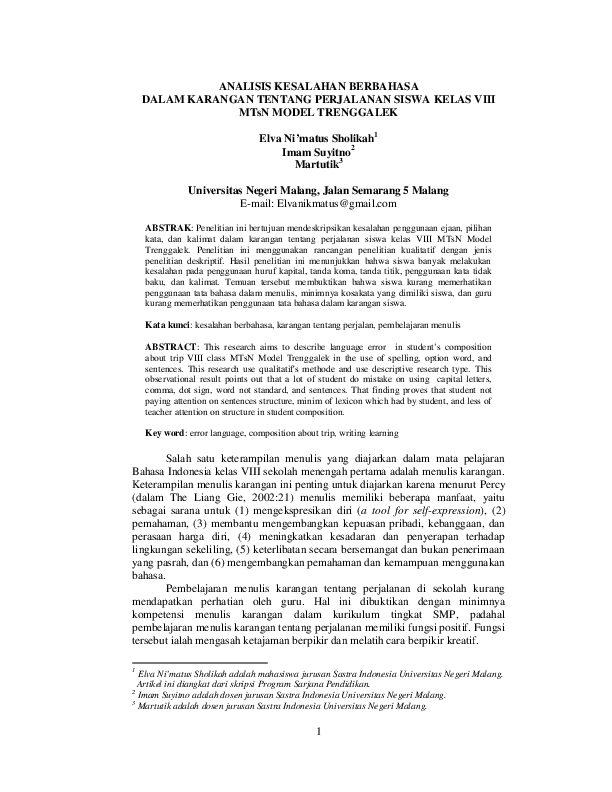 (PDF) ANALISIS KESALAHAN BERBAHASA DALAM KARANGAN TENTANG PERJALANAN