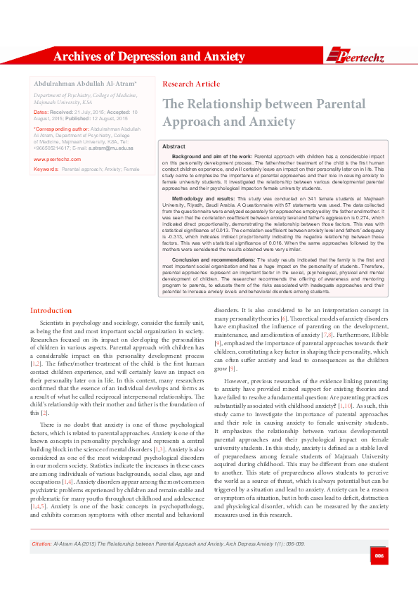 (PDF) The Relationship between Parental Approach and Anxiety