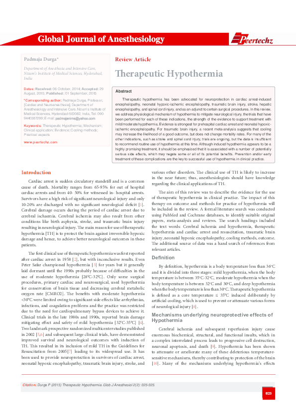 Pdf Therapeutic Hypothermia