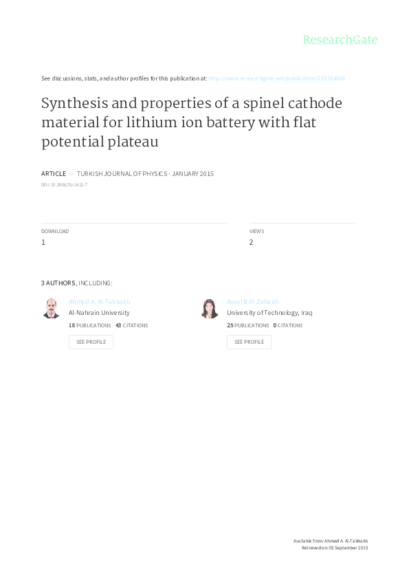 (PDF) Synthesis and properties of a spinel cathode material for lithium ...