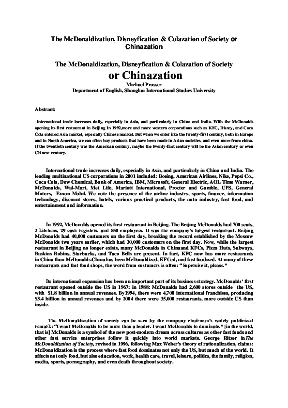 (PDF) The McDonaldization, Disneyfication & Colazation of Society or ...