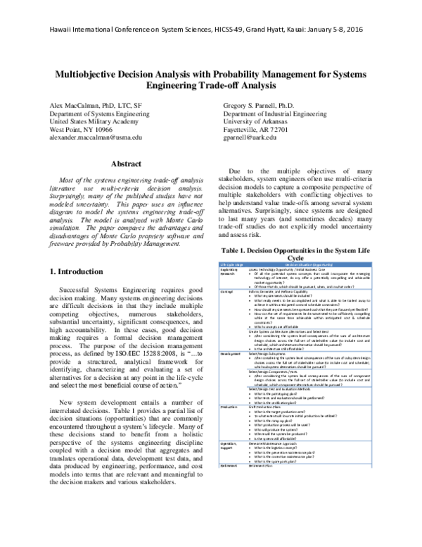 Multi-objective Decision Analysis: Managing Trade-offs and Uncertainty