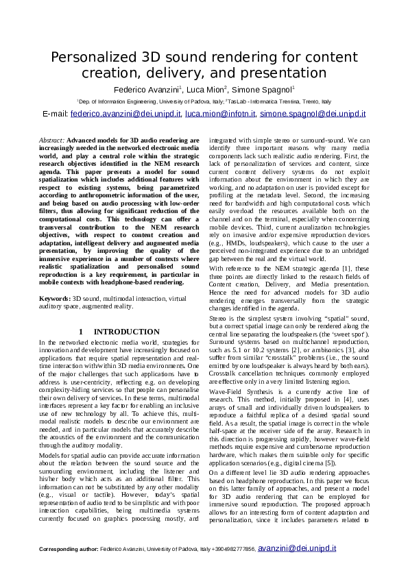 (PDF) Personalized 3D sound rendering for content creation, delivery ...