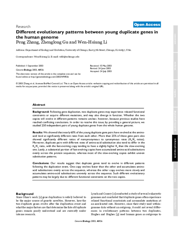 (PDF) Different evolutionary patterns between young duplicate genes in ...