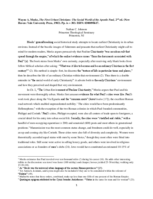 Pdf Review Wayne Meeks The First Urban Christians The Social World Of The Apostle Paul Nathan C Johnson Academia Edu