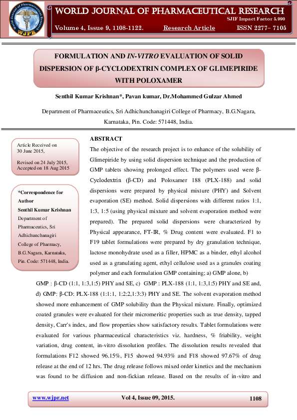 (PDF) FORMULATION AND IN-VITRO EVALUATION OF SOLID DISPERSION OF β ...