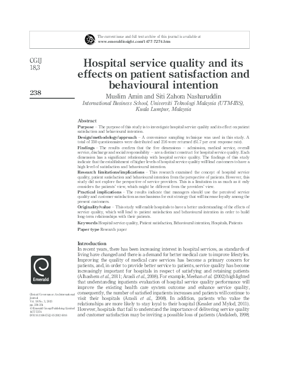 (PDF) Hospital service quality and its effects on patient satisfaction ...