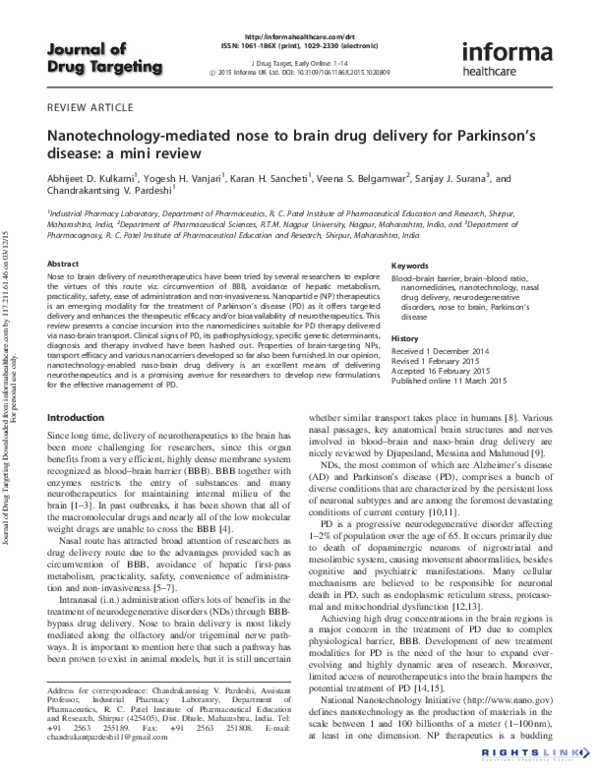 (PDF) Nanotechnology-mediated nose to brain drug delivery for Parkinson ...