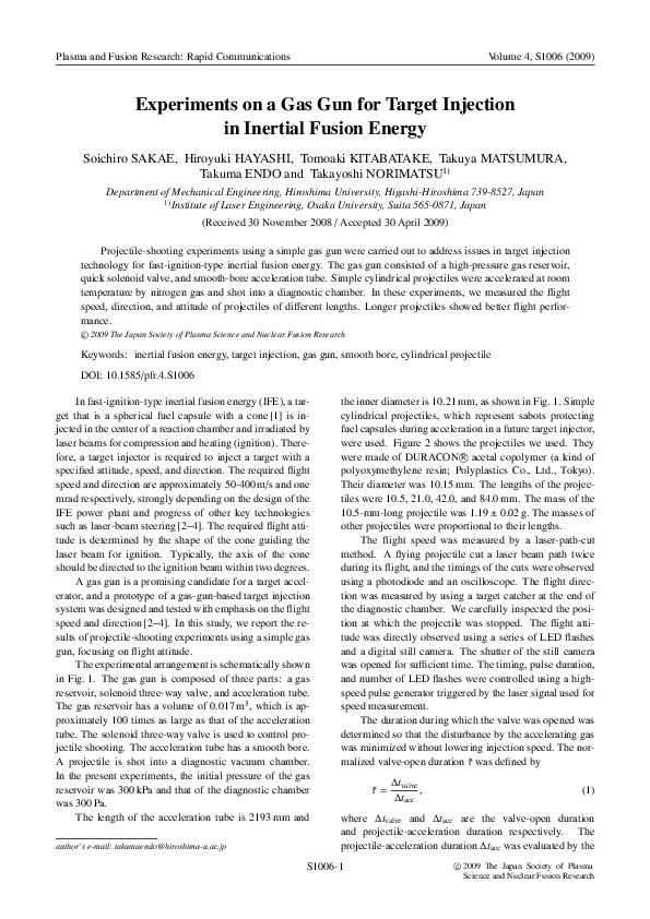 (PDF) Experiments on a Gas Gun for Target Injection in Inertial Fusion