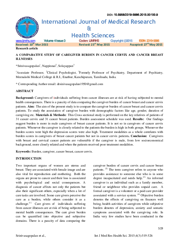 A COMPARATIVE STUDY OF CAREGIVER BURDEN IN CANCER CERVIX AND CANCER ...