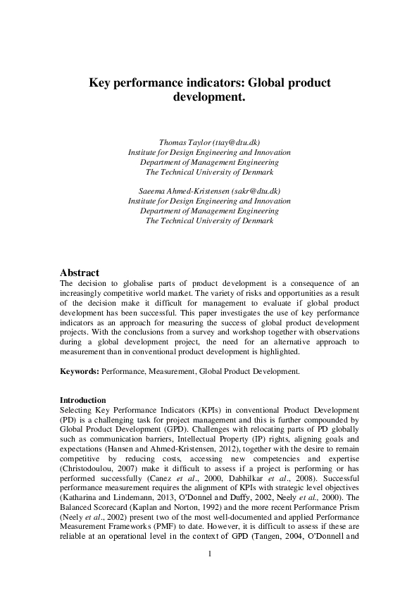 (PDF) Key Performance Indicators: Global Product Development