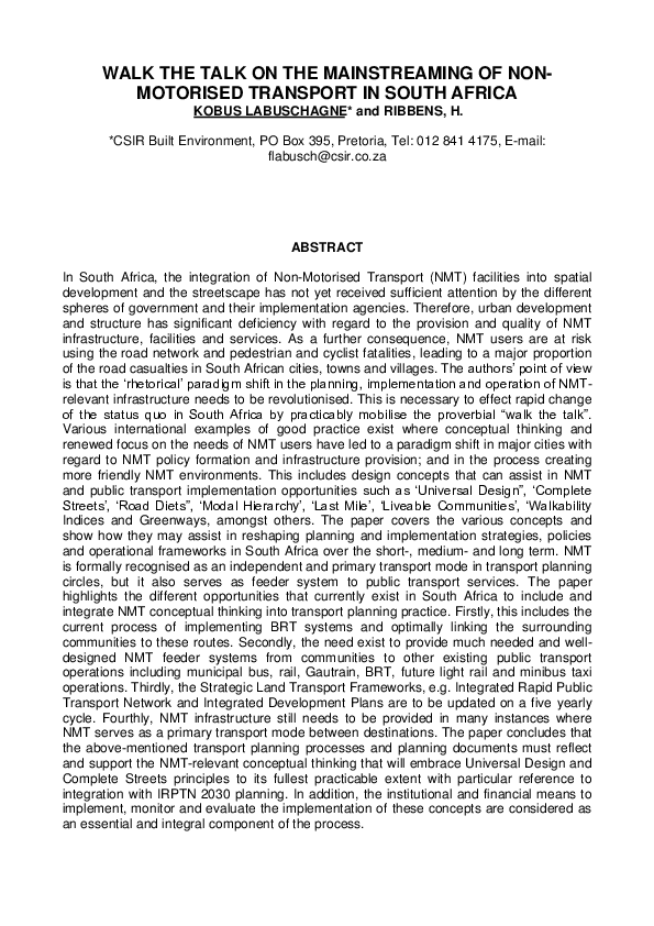 WALK THE TALK ON THE MAINSTREAMING OF NON-MOTORISED TRANSPORT IN SOUTH AFRICA