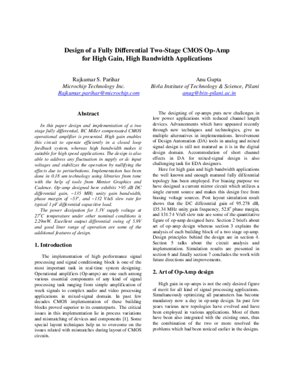 Design of a Fully Differential Two-Stage CMOS Op-Amp for High Gain ...