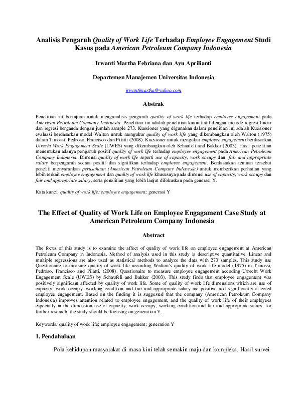 (PDF) The Effect of Quality of Work Life on Employee Engagament Case ...