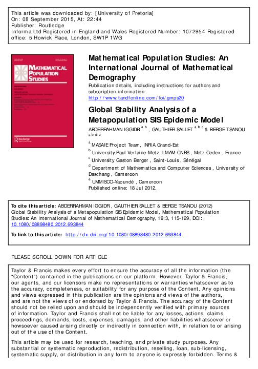 (PDF) Global stability analysis of a metapopulation SIS epidemic model