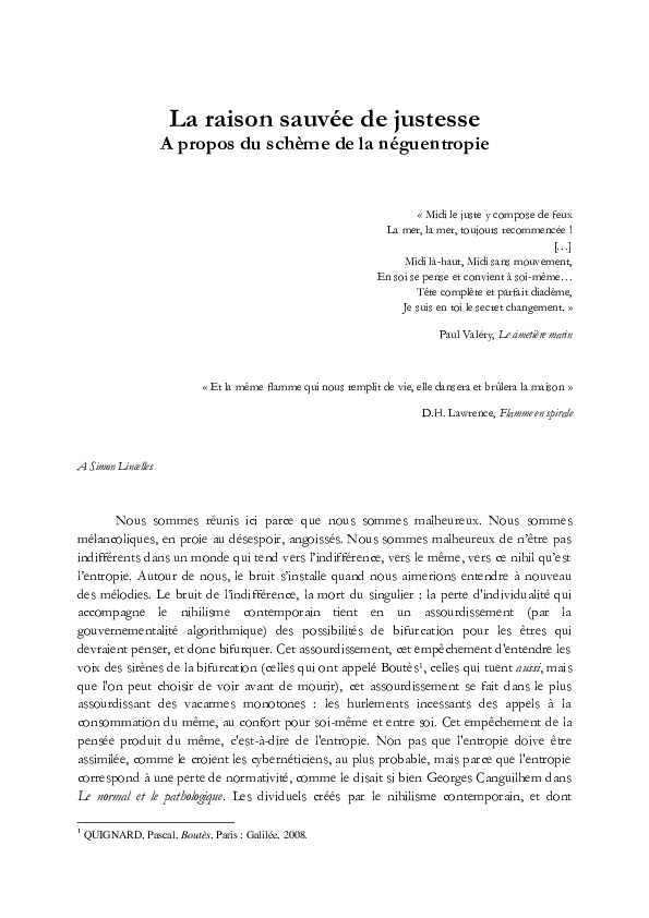 La raison sauvée de justesse. A propos du schème de la néguentropie