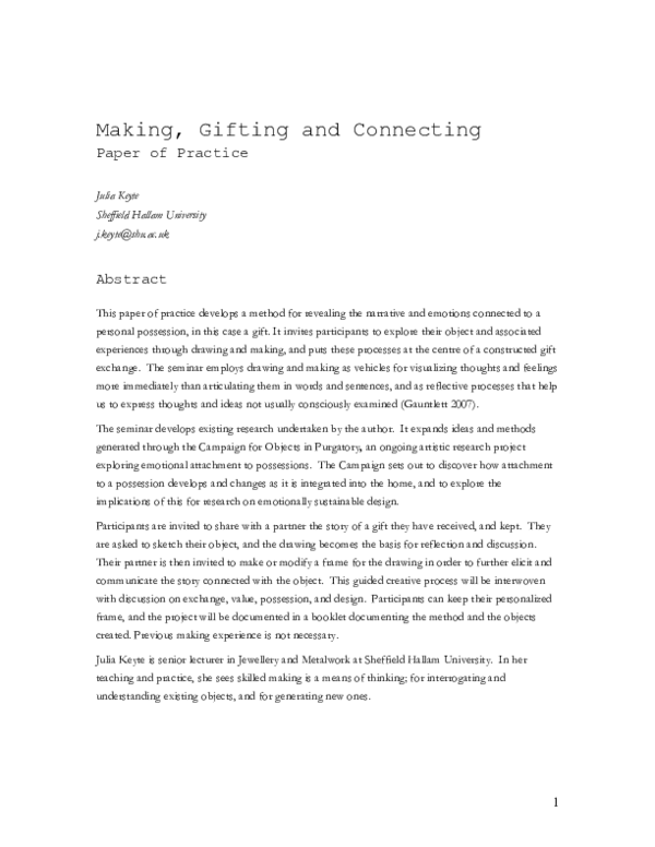 (PDF) Making, Gifting and Connecting: Paper of Practice