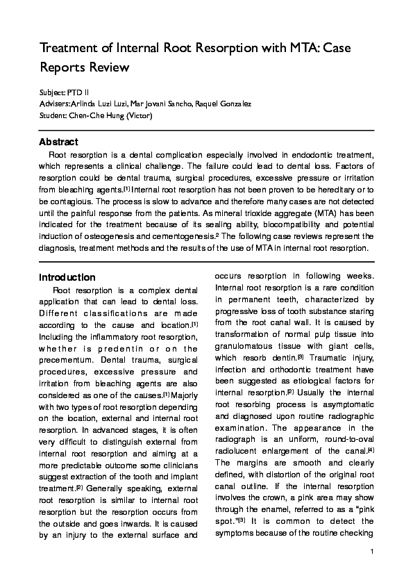 (PDF) Treatment of Internal Root Resorption with MTA Case Reports