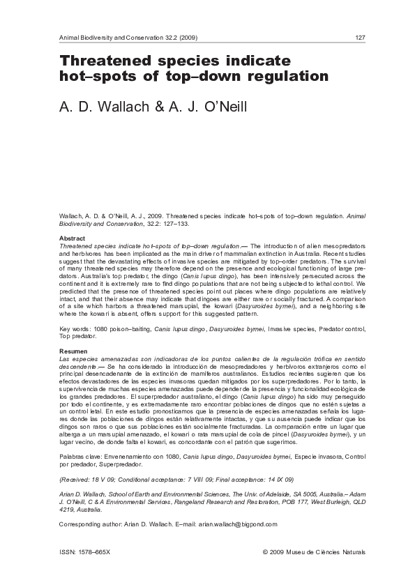 (PDF) Threatened species indicate hotspots of topdown regulation
