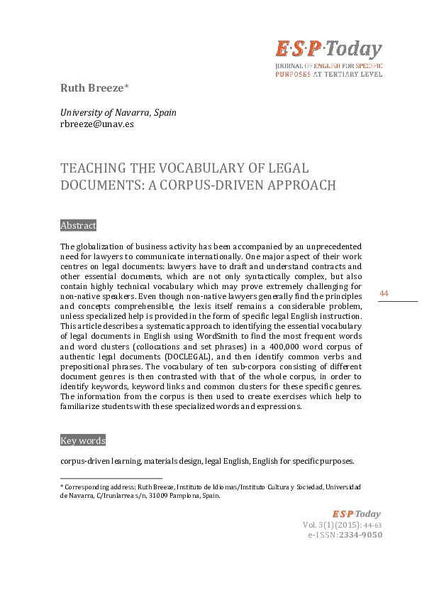 (PDF) Teaching the vocabulary of legal documents: a corpus driven approach