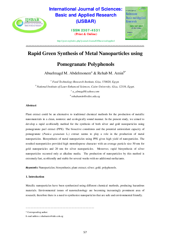 (PDF) Rapid Green Synthesis of Metal Nanoparticles using Pomegranate ...