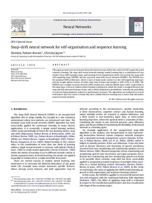 (PDF) Snap–drift neural network for self-organisation and sequence learning