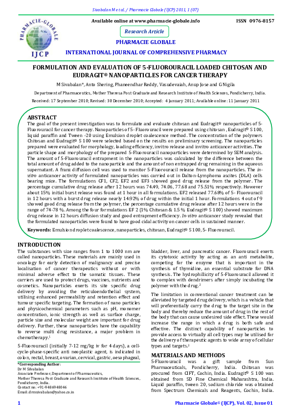 (PDF) FORMULATION AND EVALUATION OF 5-FLUOROURACIL LOADED CHITOSAN AND ...