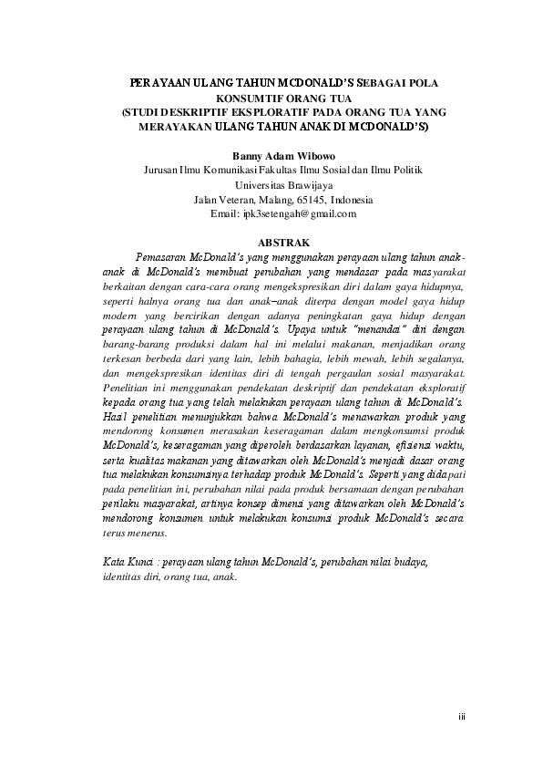 Pdf Jurnal Perayaan Ulang Tahun Mcdonald S Sebagai Pola Gaya Hidup Konsumtif Orang Tua Studi Deskriptif Eksploratif Pada Orang Tua Yang Merayakan Ulang Tahun Anak Di Mcdonald S Banny Adam Academia Edu