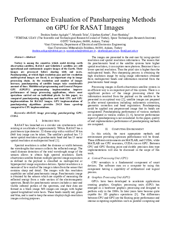 (PDF) Performance Evaluation of Pansharpening Methods on GPU for RASAT ...