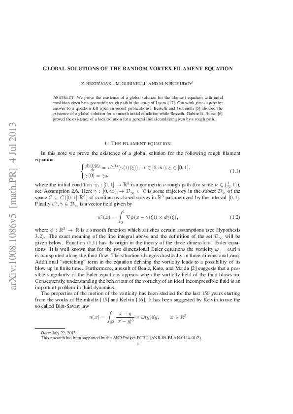 (PDF) Global evolution of random vortex filament equation