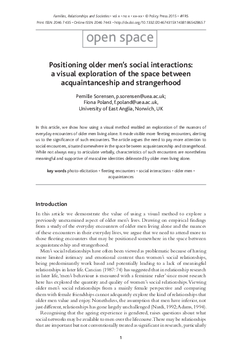 Pdf Positioning Older Men S Social Interactions A Visual Exploration Of The Space Between Acquaintanceship And Strangerhood Penny Sorensen Academia Edu