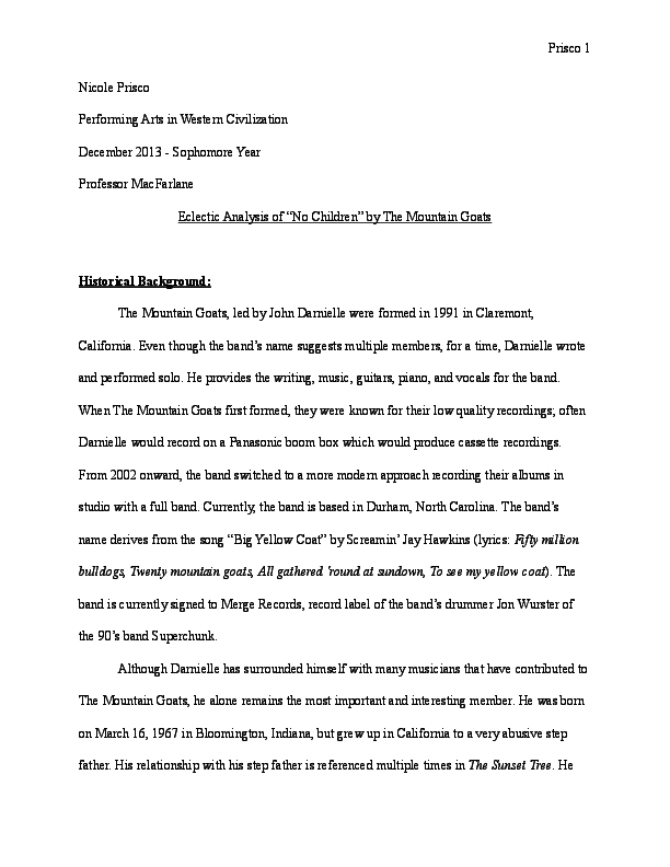 Pdf Eclectic Analysis Of No Children By The Mountain Goats Nicole Prisco Academia Edu