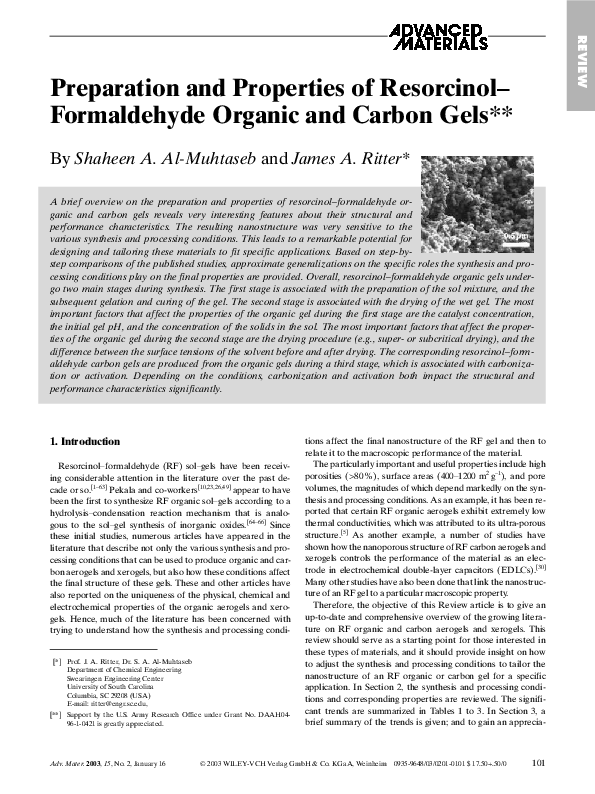 (PDF) Preparation and Properties of ResorcinolFormaldehyde Organic and