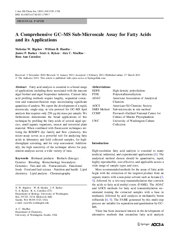 (PDF) ORIGINAL PAPER A Comprehensive GC–MS Sub-Microscale Assay for ...