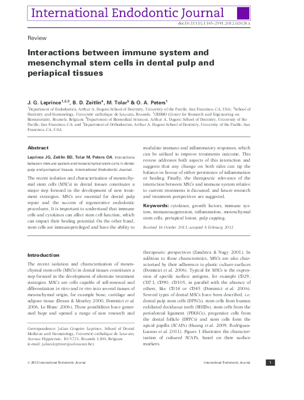 Interactions between immune system and mesenchymal stem cells in dental ...