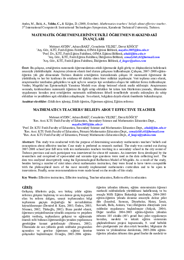 (DOC) MATHEMATICS TEACHERS’ BELIEFS ABOUT EFFECTIVE TEACHER