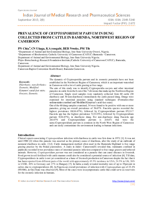 (PDF) PREVALENCE OF CRYPTOSPORIDIUM PARVUM IN DUNG C OLLECTED FROM ...