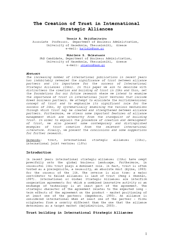 (DOC) The creation of Trust in International Strategic Alliances