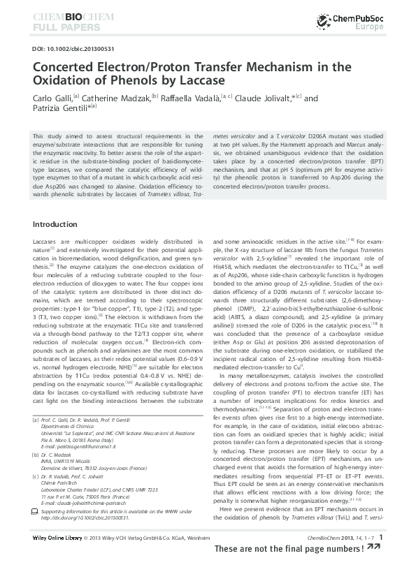 (PDF) Concerted Electron/Proton Transfer Mechanism in the Oxidation of ...