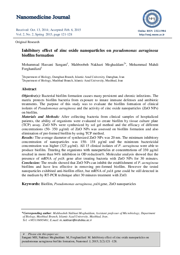 (PDF) Inhibitory effect of zinc oxide nanoparticles on pseudomonas ...