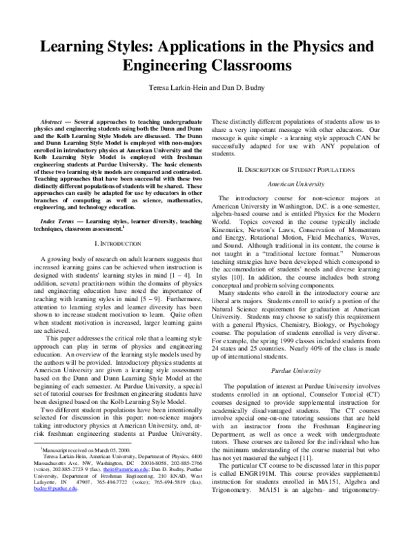 (PDF) Learning Styles: Applications in the Physics and Engineering ...