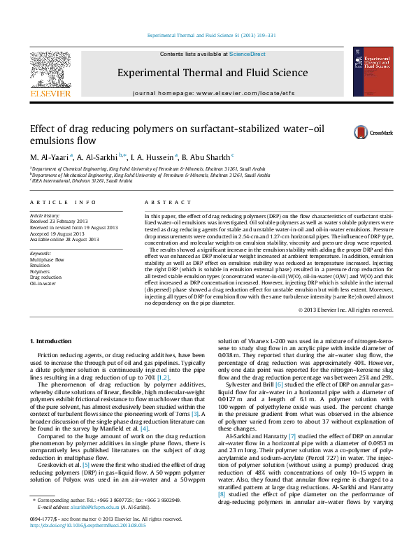 (PDF) Effect of drag reducing polymers on surfactant-stabilized water ...