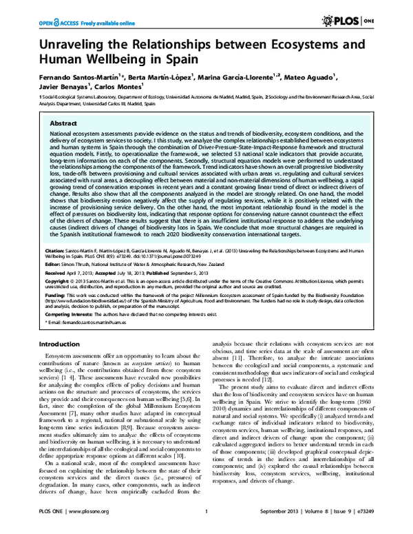 Unraveling the Relationships between Ecosystems and Human Wellbeing in Spain