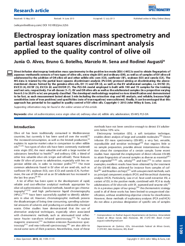 (PDF) Electrospray ionization mass spectrometry and partial least ...