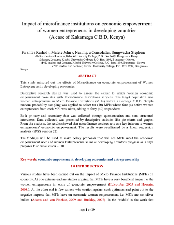 (DOC) impact of microfinance on women empowerment in kakamega county, kenya