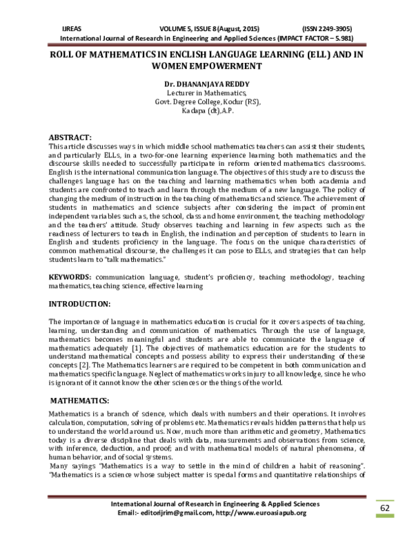 (PDF) ROLL OF MATHEMATICS IN ENCLISH LANGUAGE LEARNING (ELL) AND IN ...